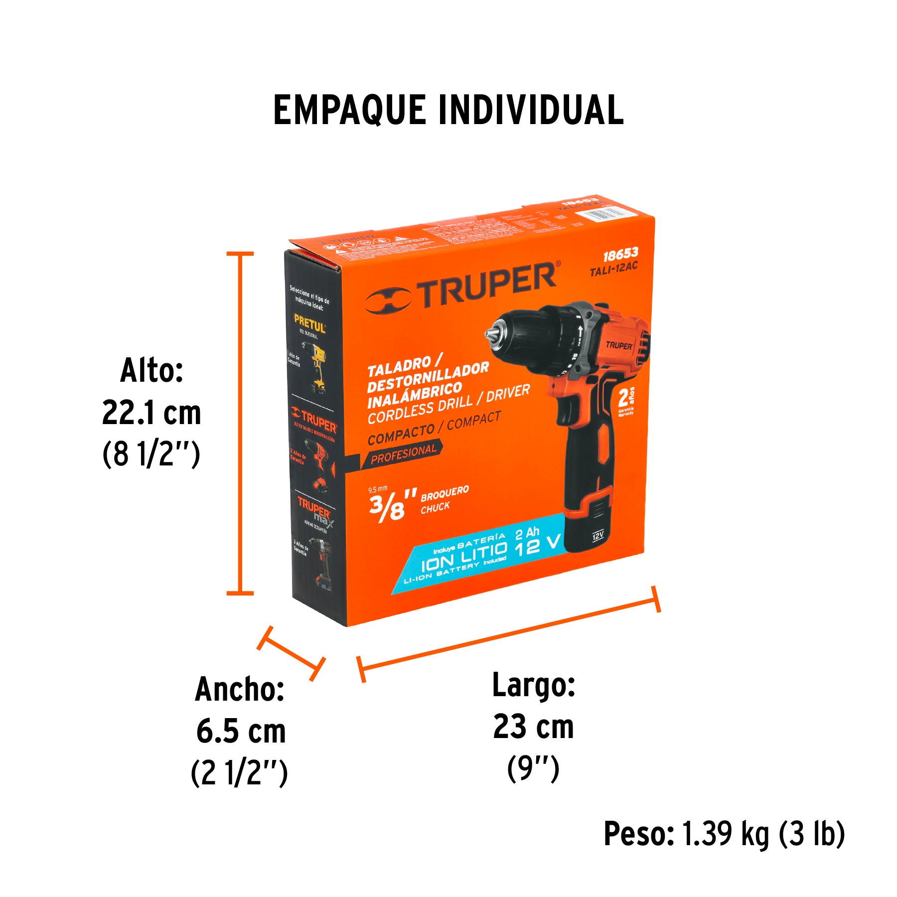 Taladro inalámbrico batería ión Litio 12 V, 3/8"