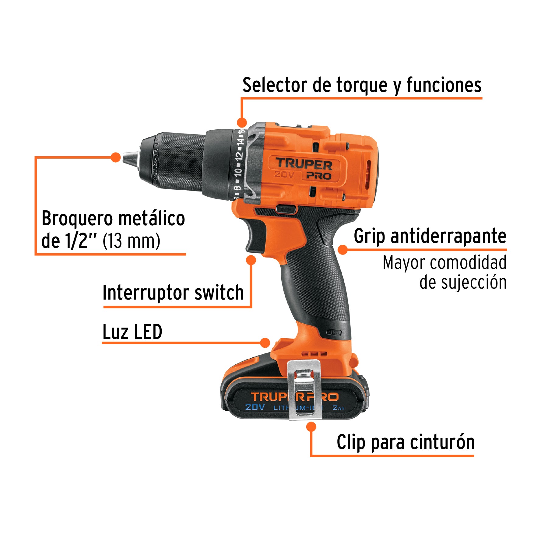 Taladro inal. 1/2', 20V, 1 bat. 2Ah, 1 carg. TRUPER PRO