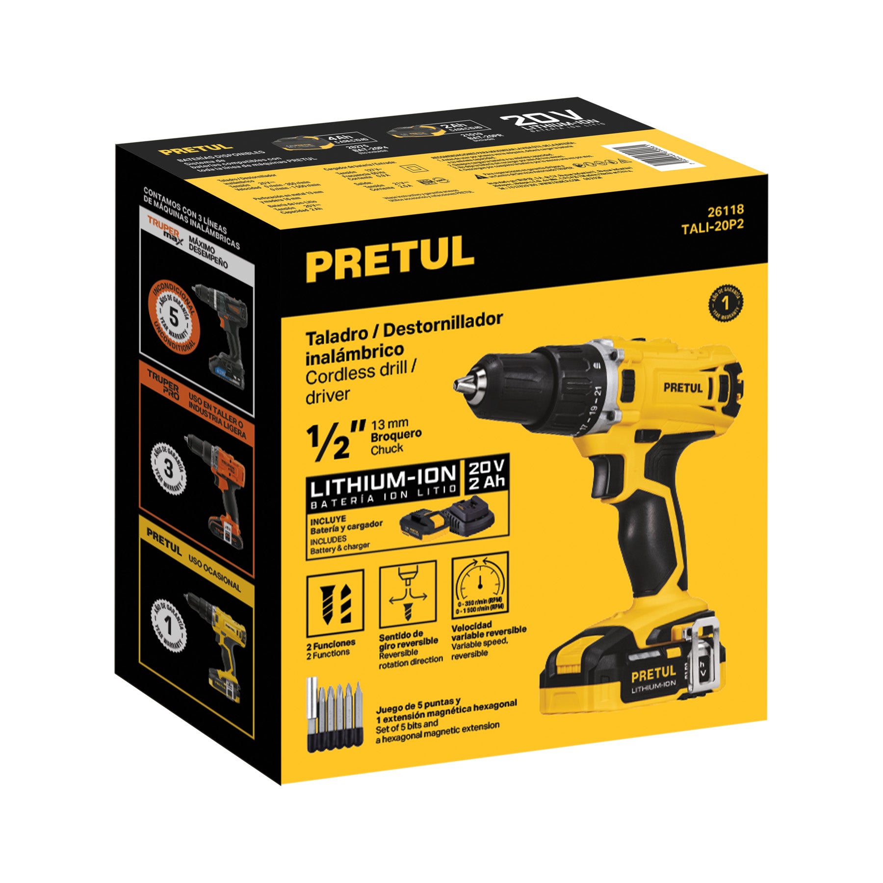 Taladro 1/2', 20V, 1 batería 2Ah, PRETUL