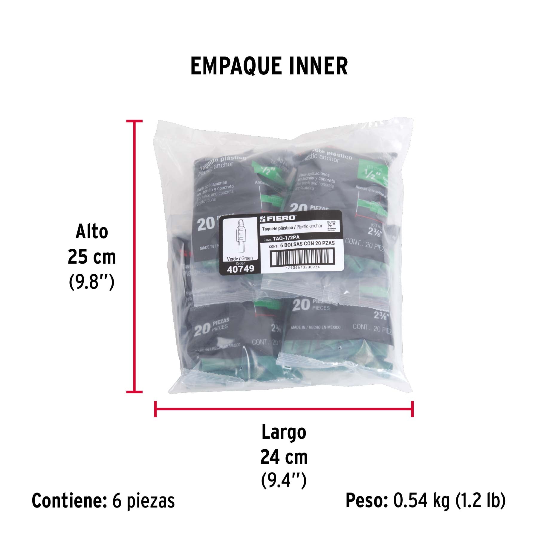 Bolsa con 20 taquetes de plástico 1/2', Fiero