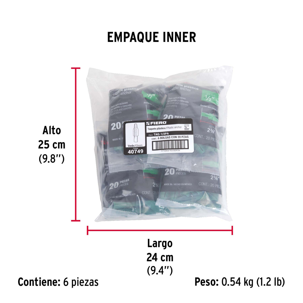 Bolsa con 20 taquetes de plástico 1/2', Fiero