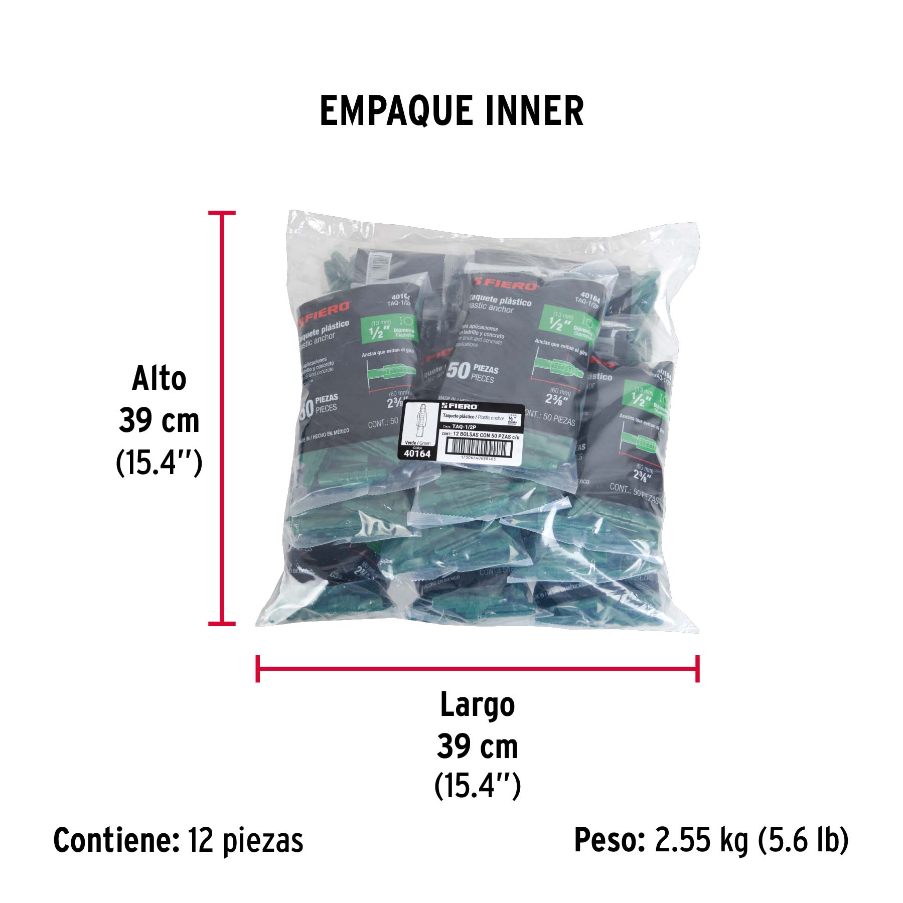 Taquete plástico de 1/2', 50 piezas