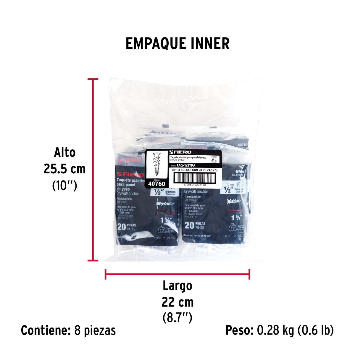 Bolsa c/20 taquetes plásticos 1/2', p/panel de yeso, Fiero