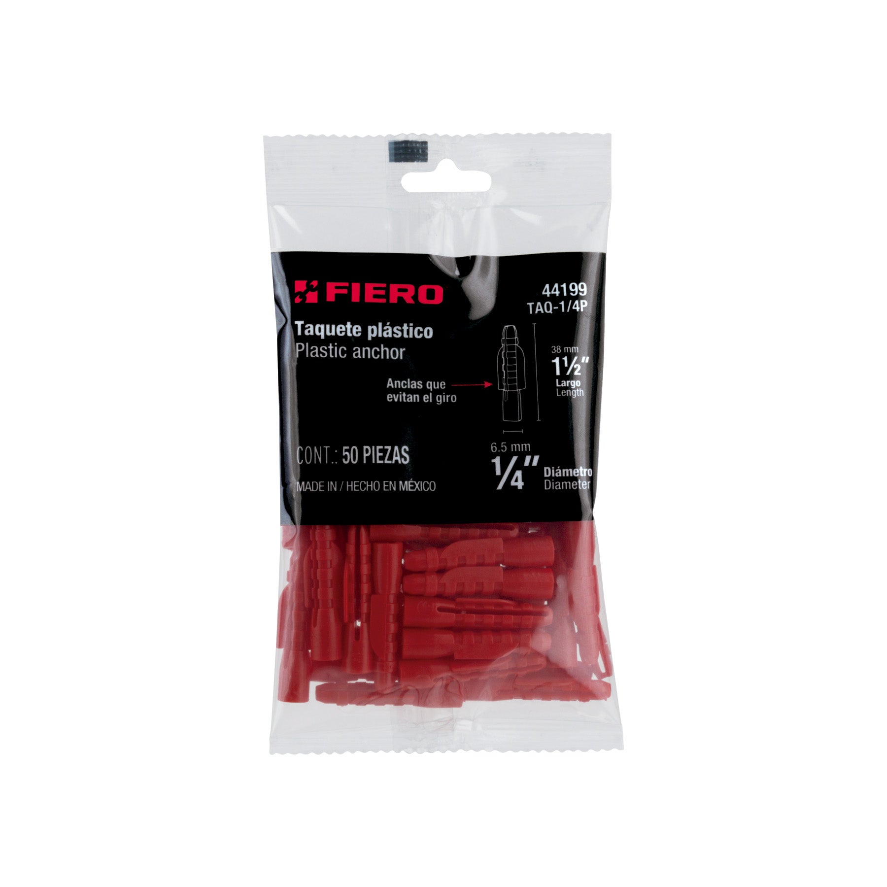 Taquete de 1/4", de plastico, bolsa 50 piezas