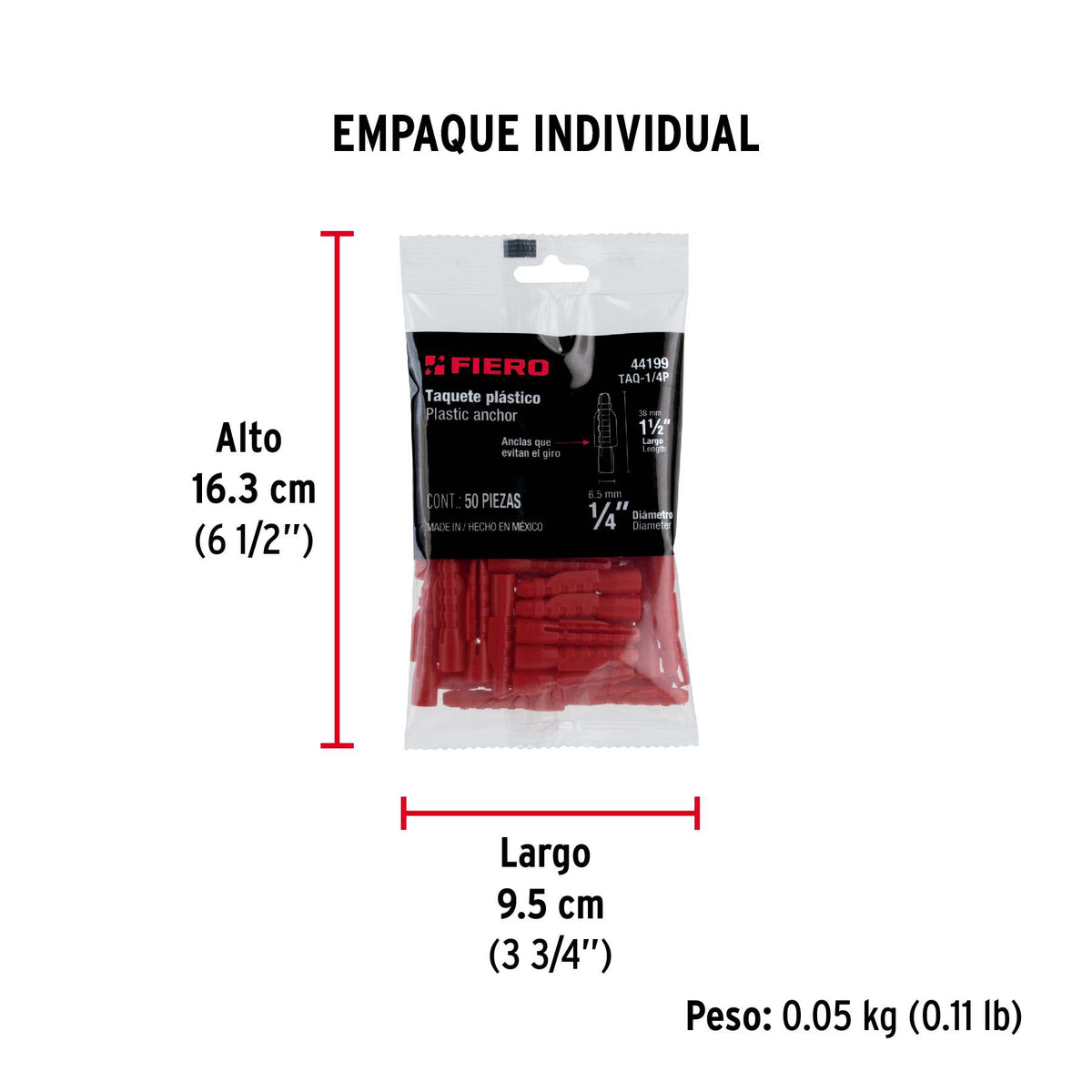 Taquete de 1/4", de plastico, bolsa 50 piezas