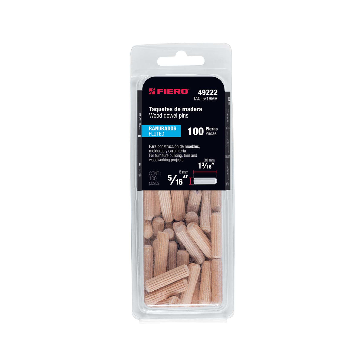 Blíster con 100 taquetes de madera ranurado 5/16', Fiero