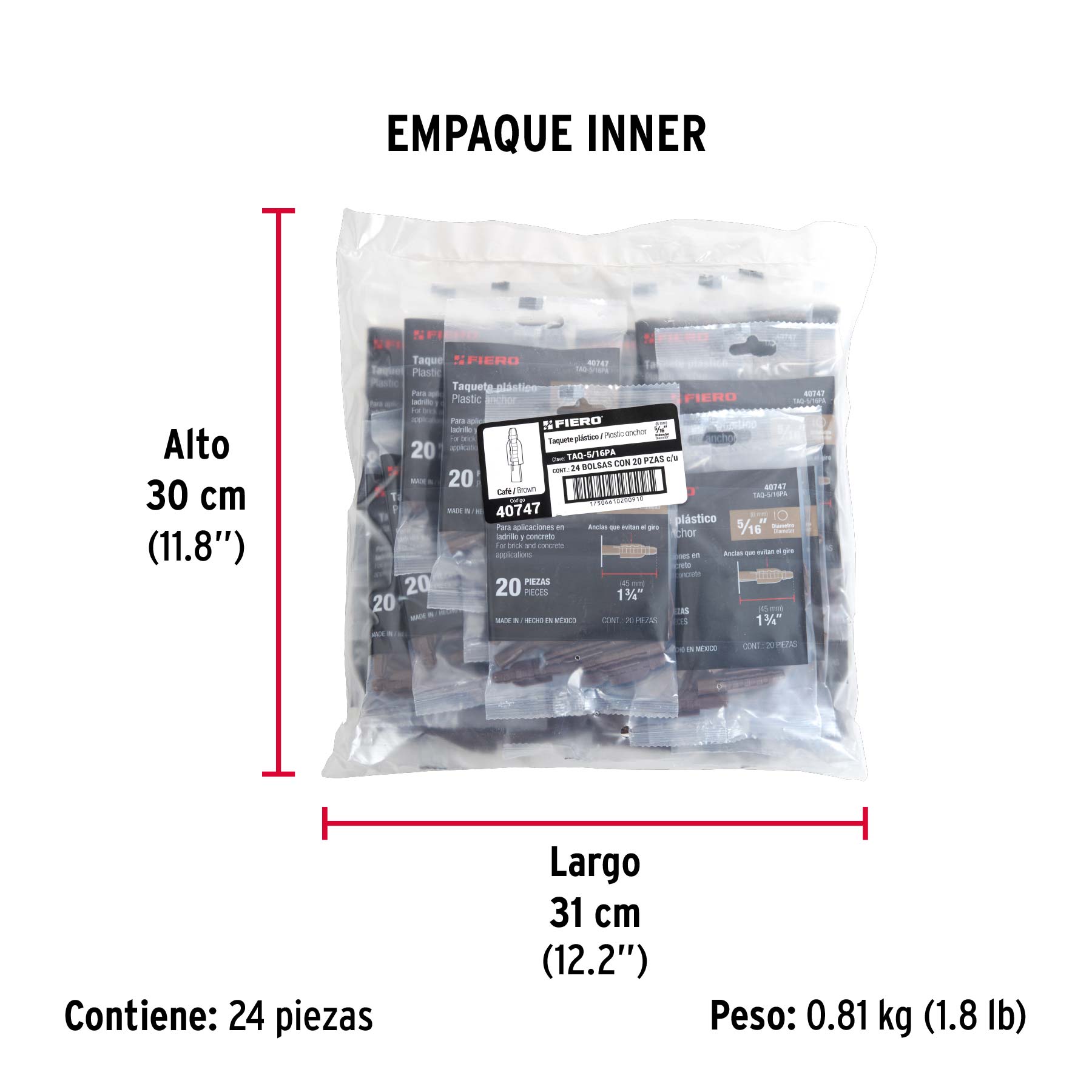 Bolsa con 20 taquetes de plástico 5/16', Fiero