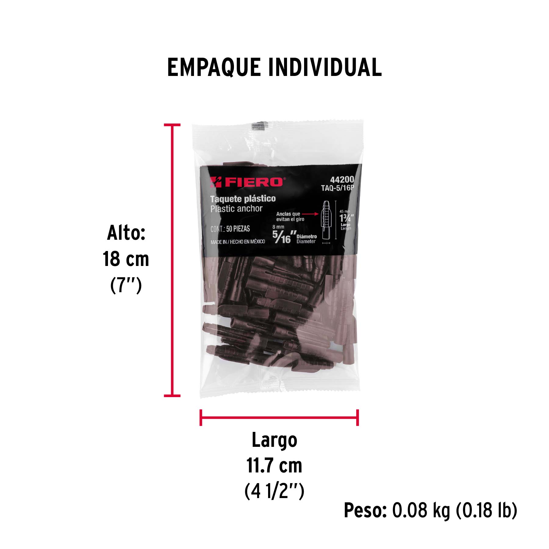 Taquete de 5/16", de plastico, bolsa 50 piezas