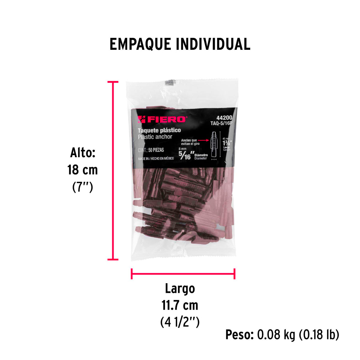 Taquete de 5/16", de plastico, bolsa 50 piezas