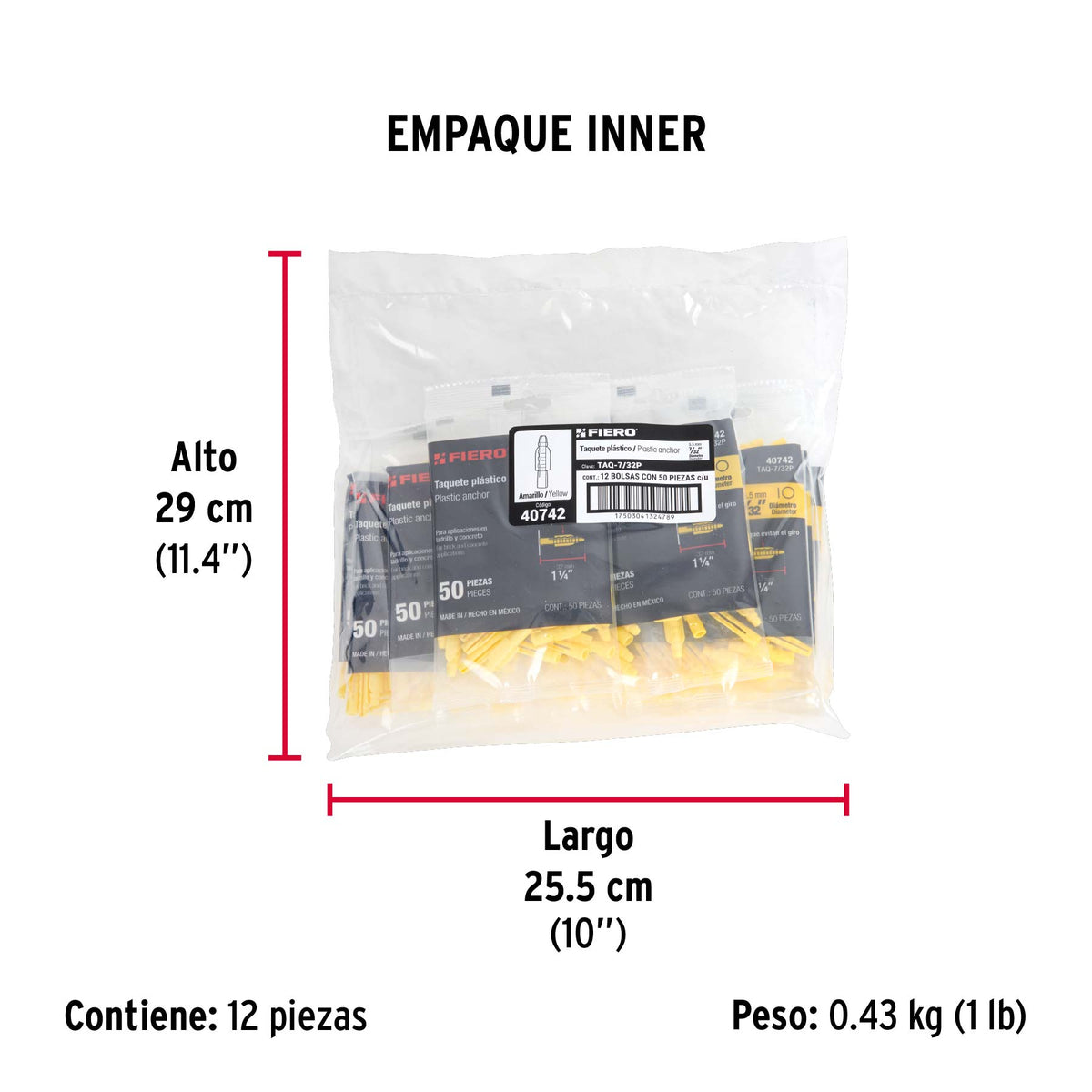 Bolsa con 50 taquetes de plástico 7/32', Fiero