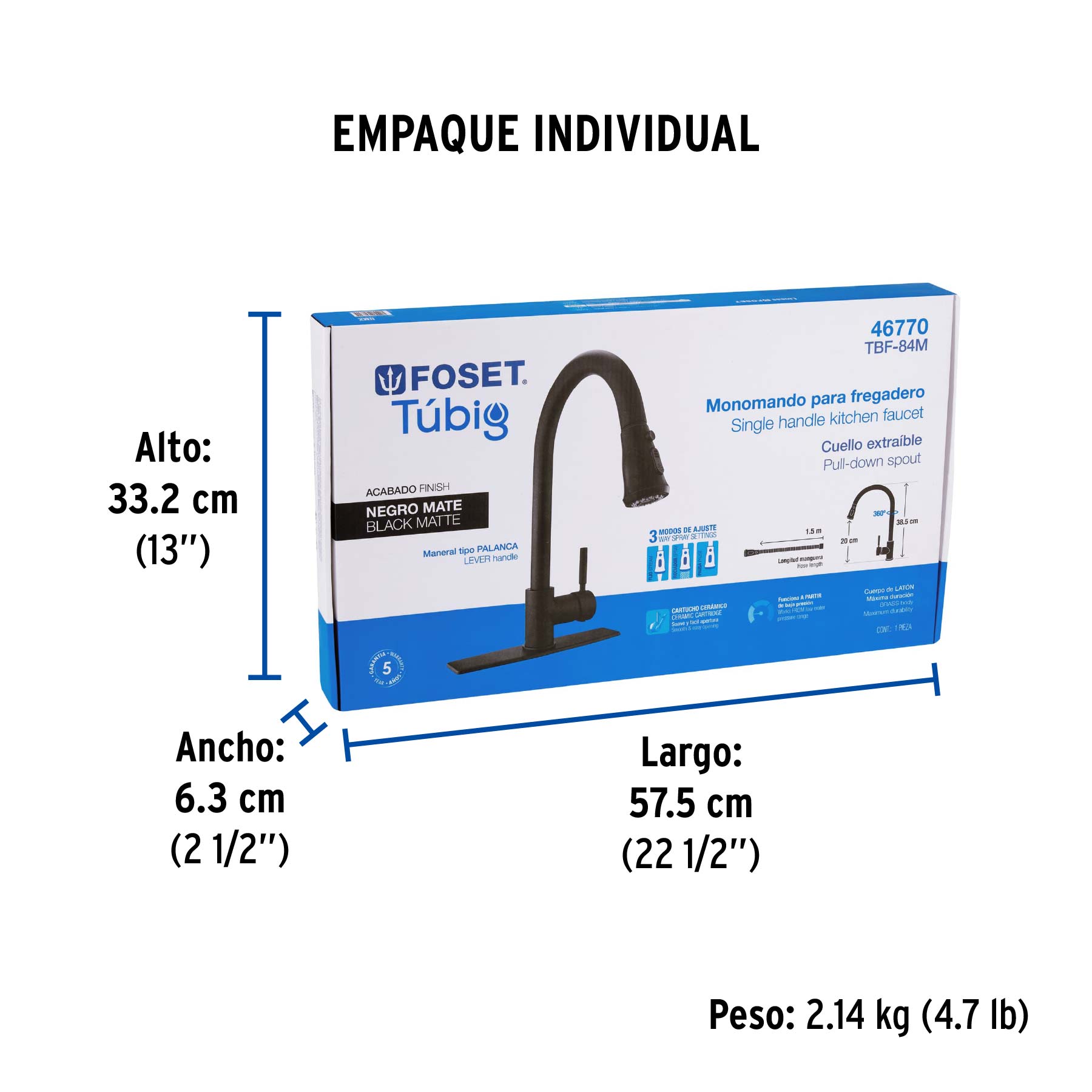 Monomando para fregadero,cuello extraible,negro mate,Tubig