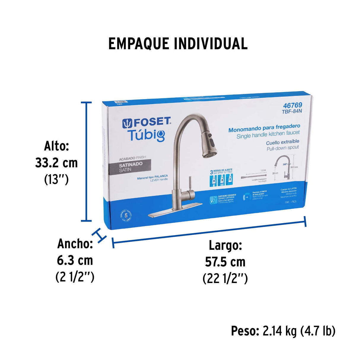 Monomando para fregadero, cuello extraible, satín, Tubig