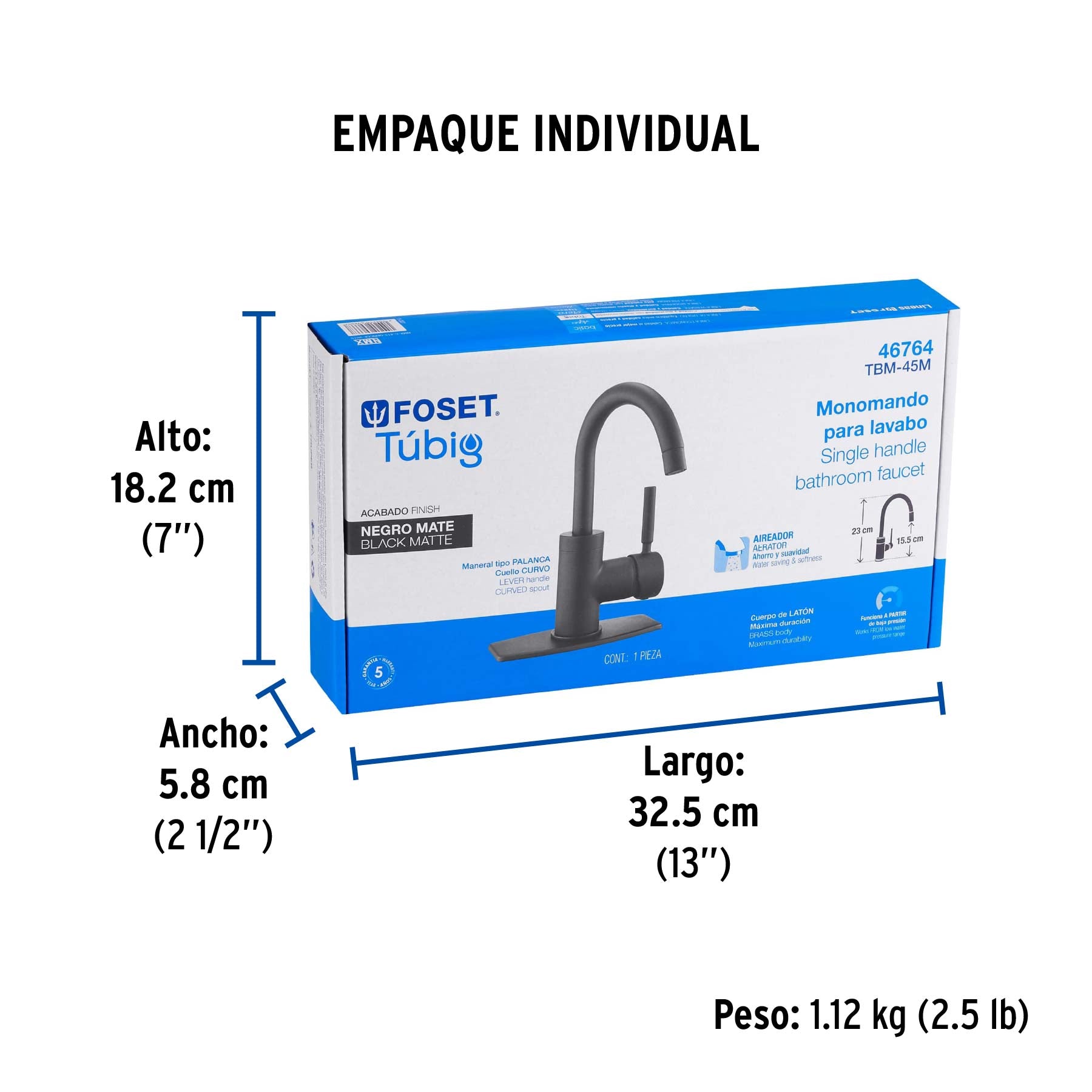 Monomando corto para lavabo, negro mate, Foset