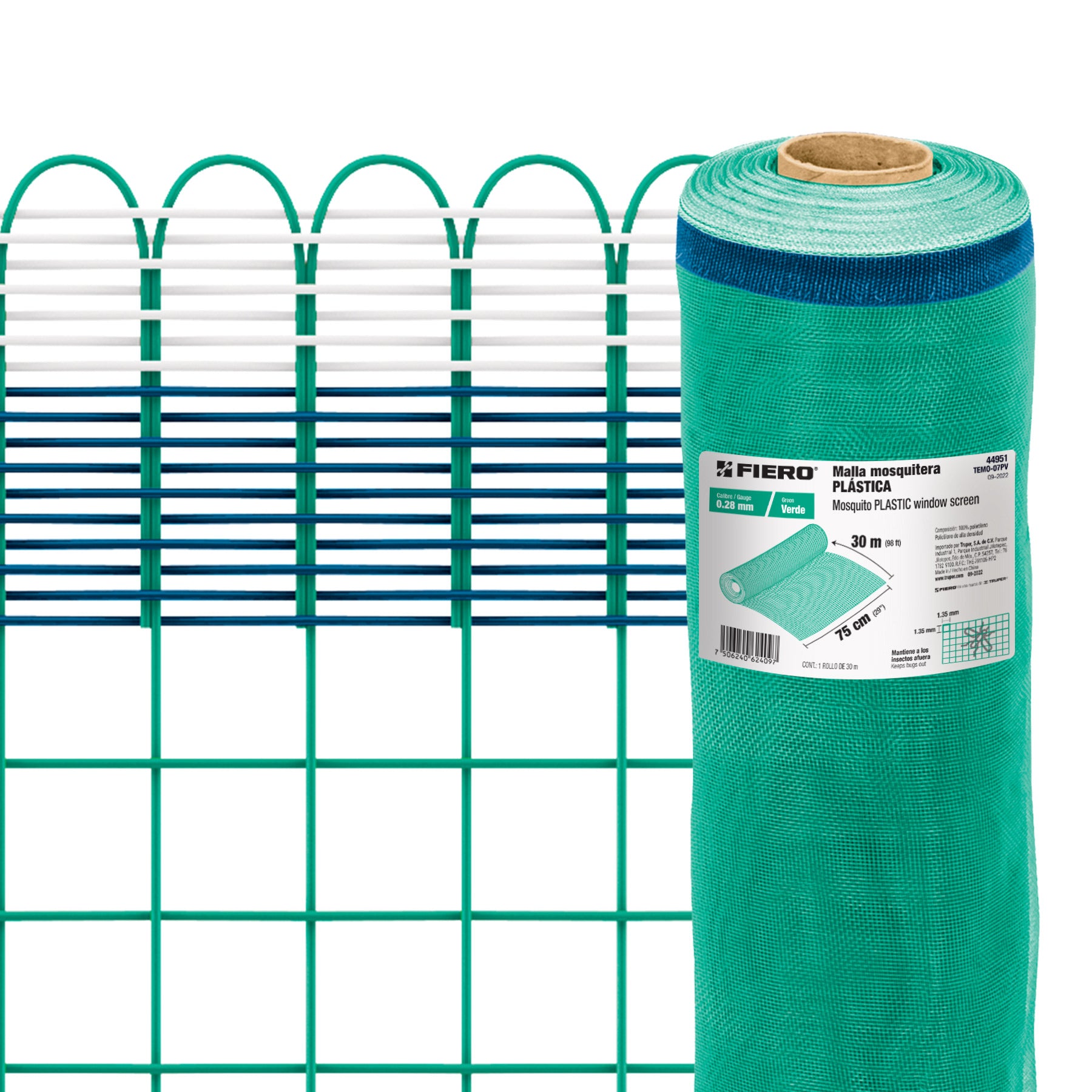 Malla mosquitera plástica, 0.75 x 30 m, verde