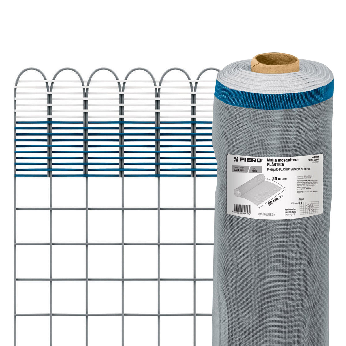 Malla mosquitera plástica, 0.90 x 30 m, gris
