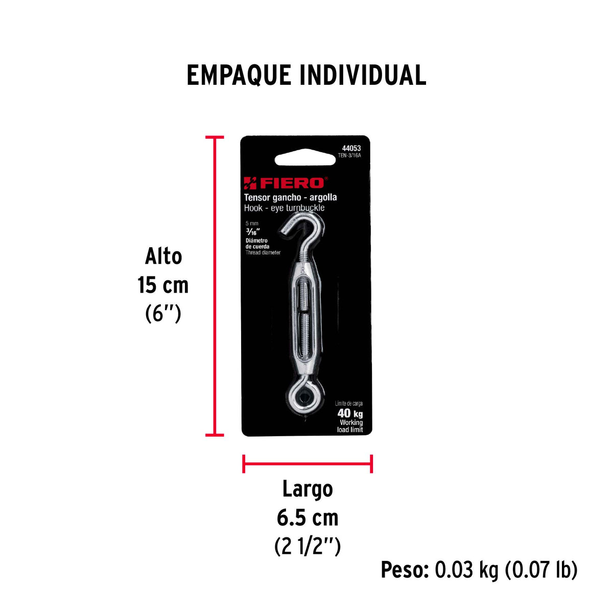 Tensor zinc, 3/16", gancho-argolla