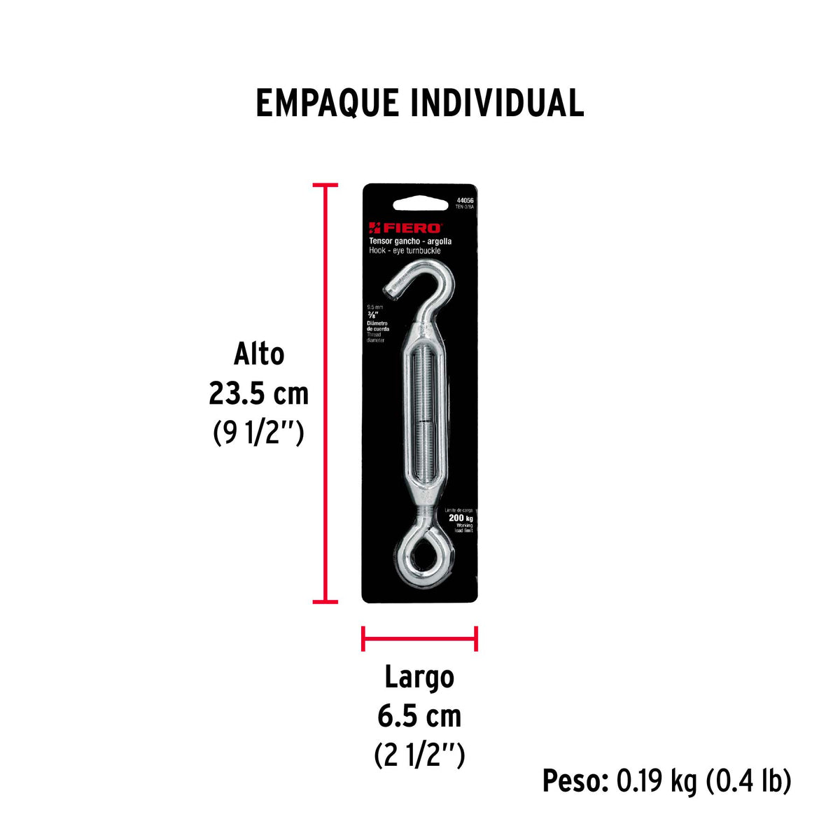 Tensor zinc, 3/8", gancho-argolla