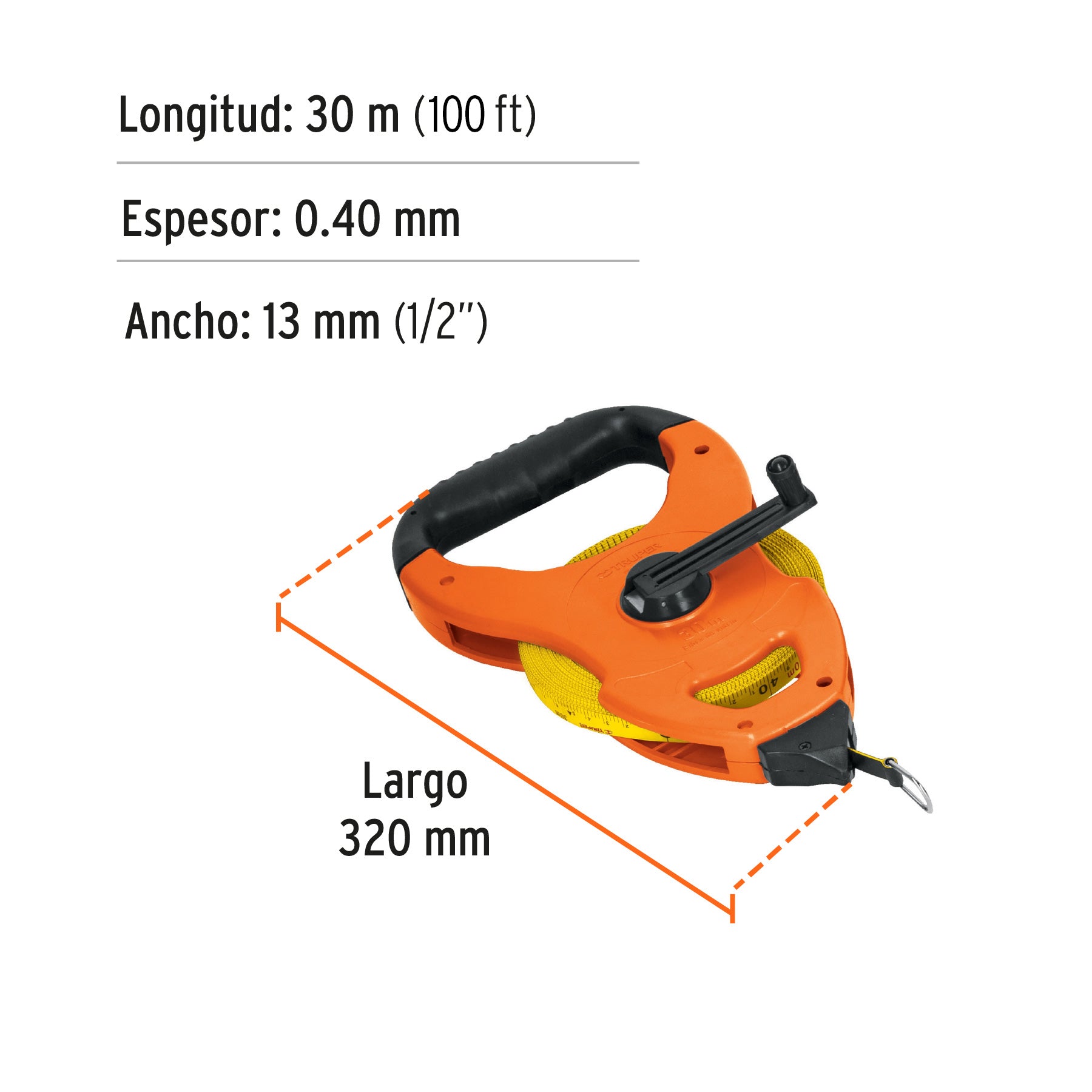 Cinta larga fibra de vidrio, tipo cruceta, 30 m, metálica