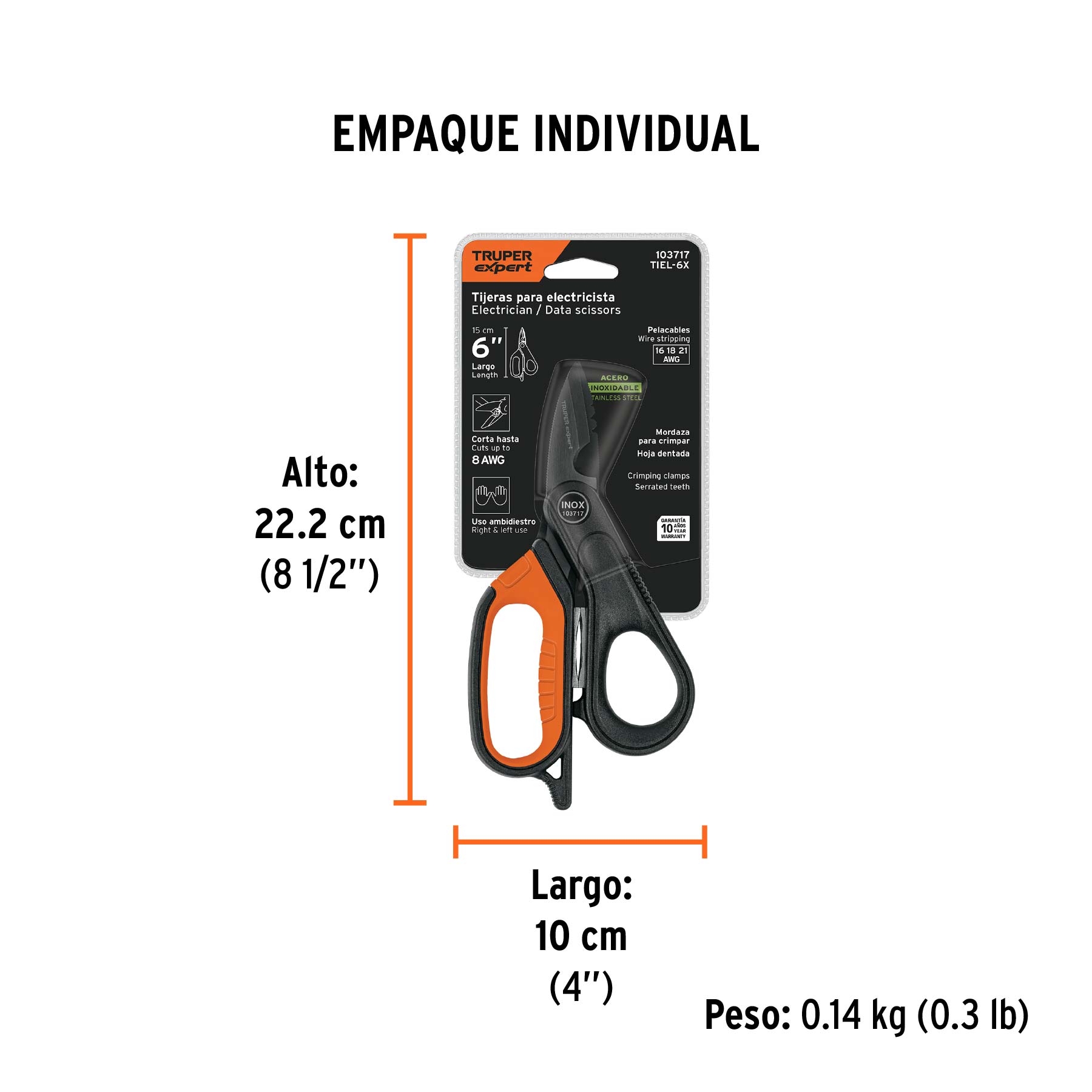 Tijera para electricista, 6', acero inox, oxido negro, EXPER