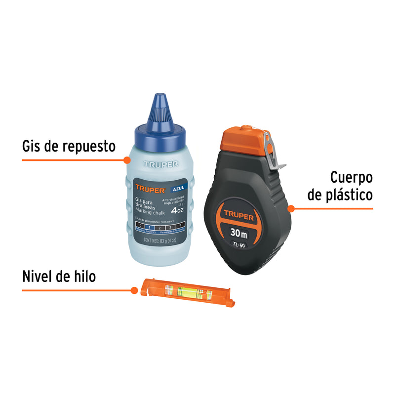 Tiralíneas 30m. cuerpo de plástico y nivel, incluye gis
