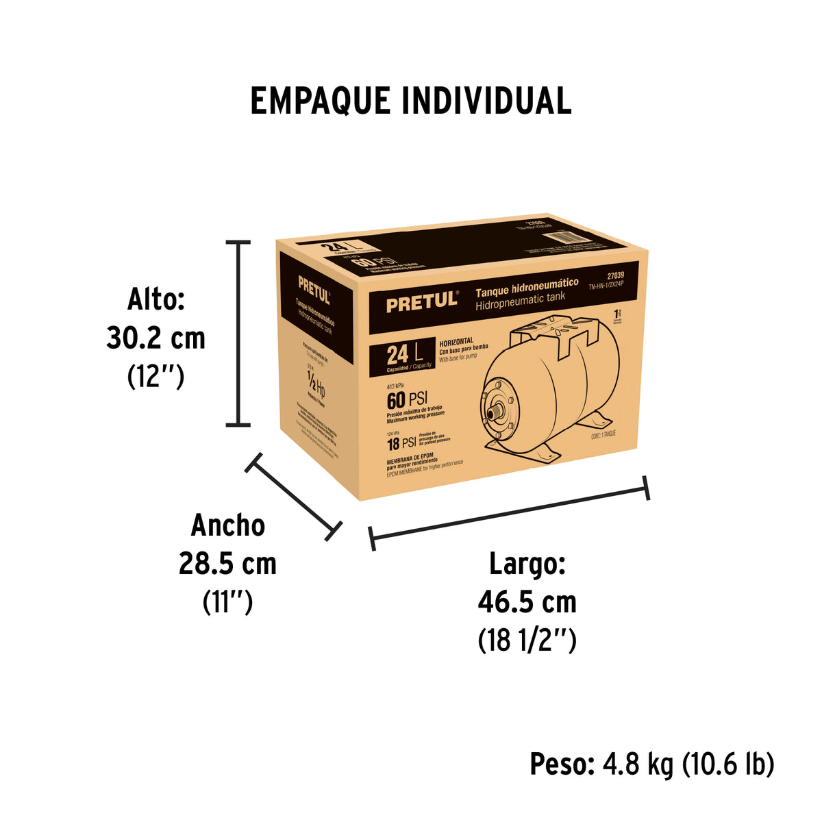 Tanque para bomba hidroneumática HIDR-1/2X24, Pretul