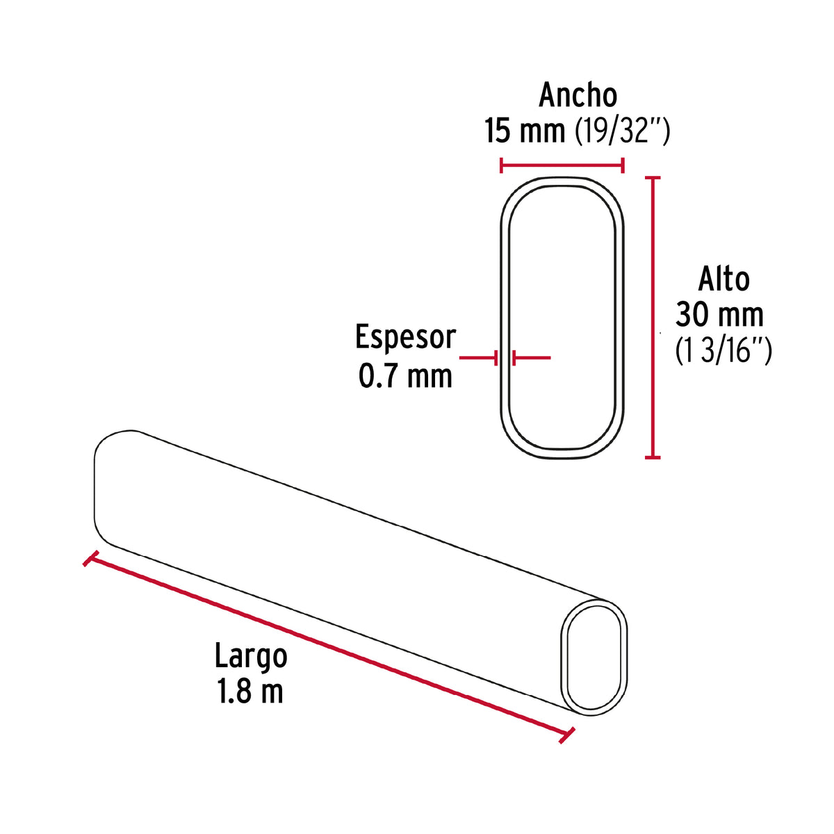 Tubo ovalado de 1.8 m en acero cromado para closet, Hermex