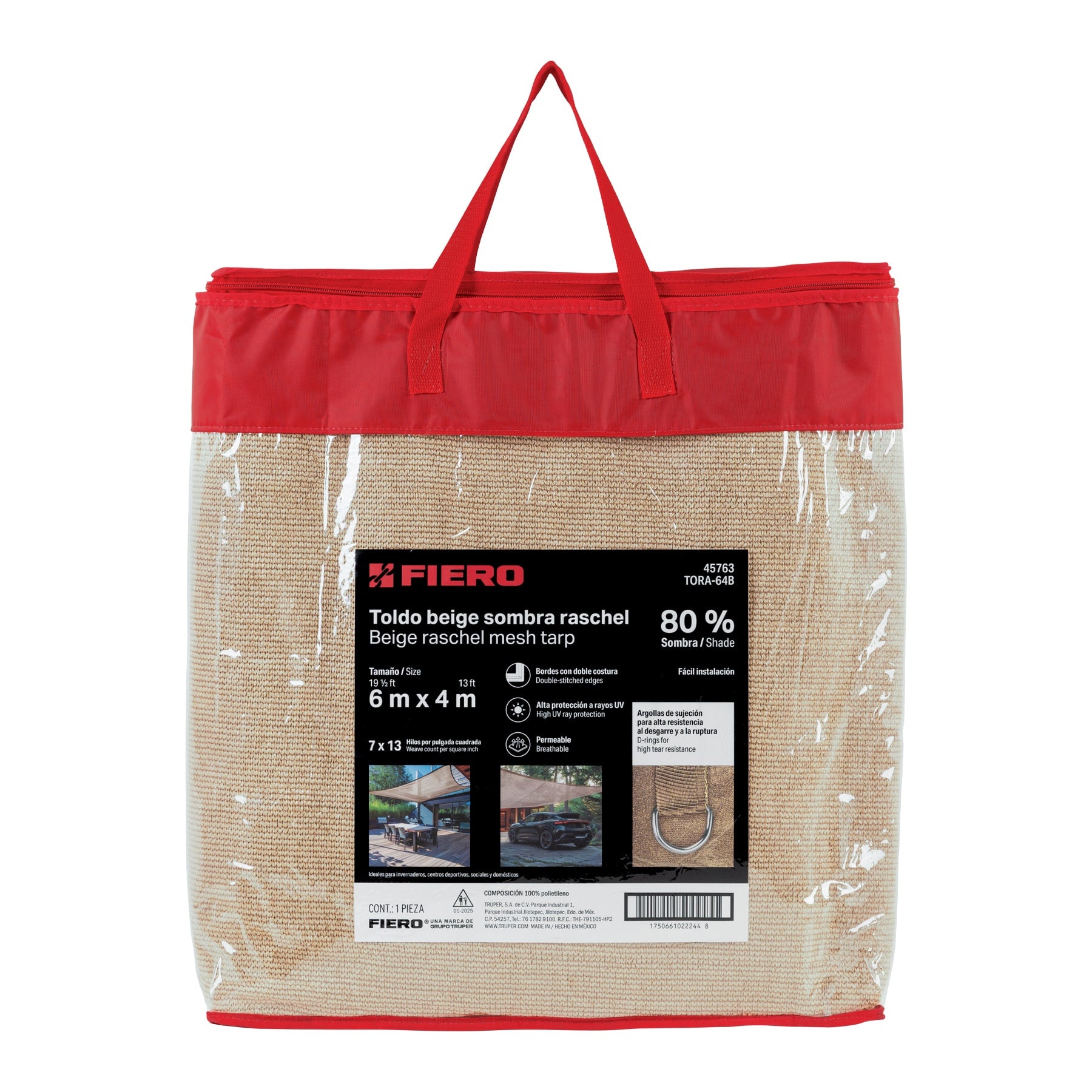 Toldo raschel beige de 6 m, 90% sombra, ancho 4 m, FIERO