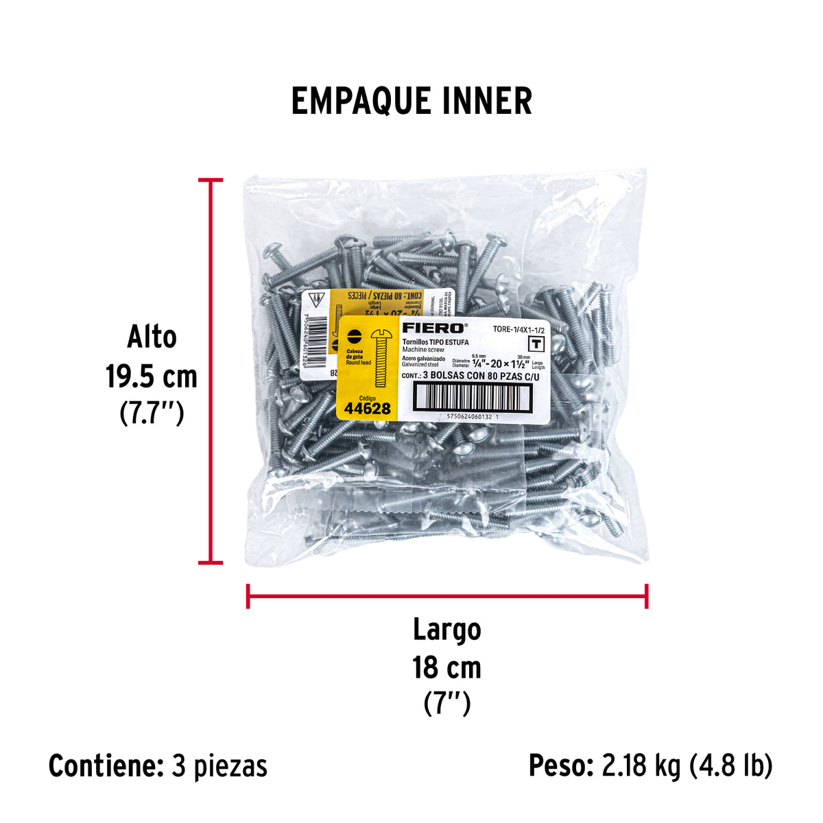 Tornillo acero galvanizado tipo estufa 1/4x1 1/2", 80 pzas