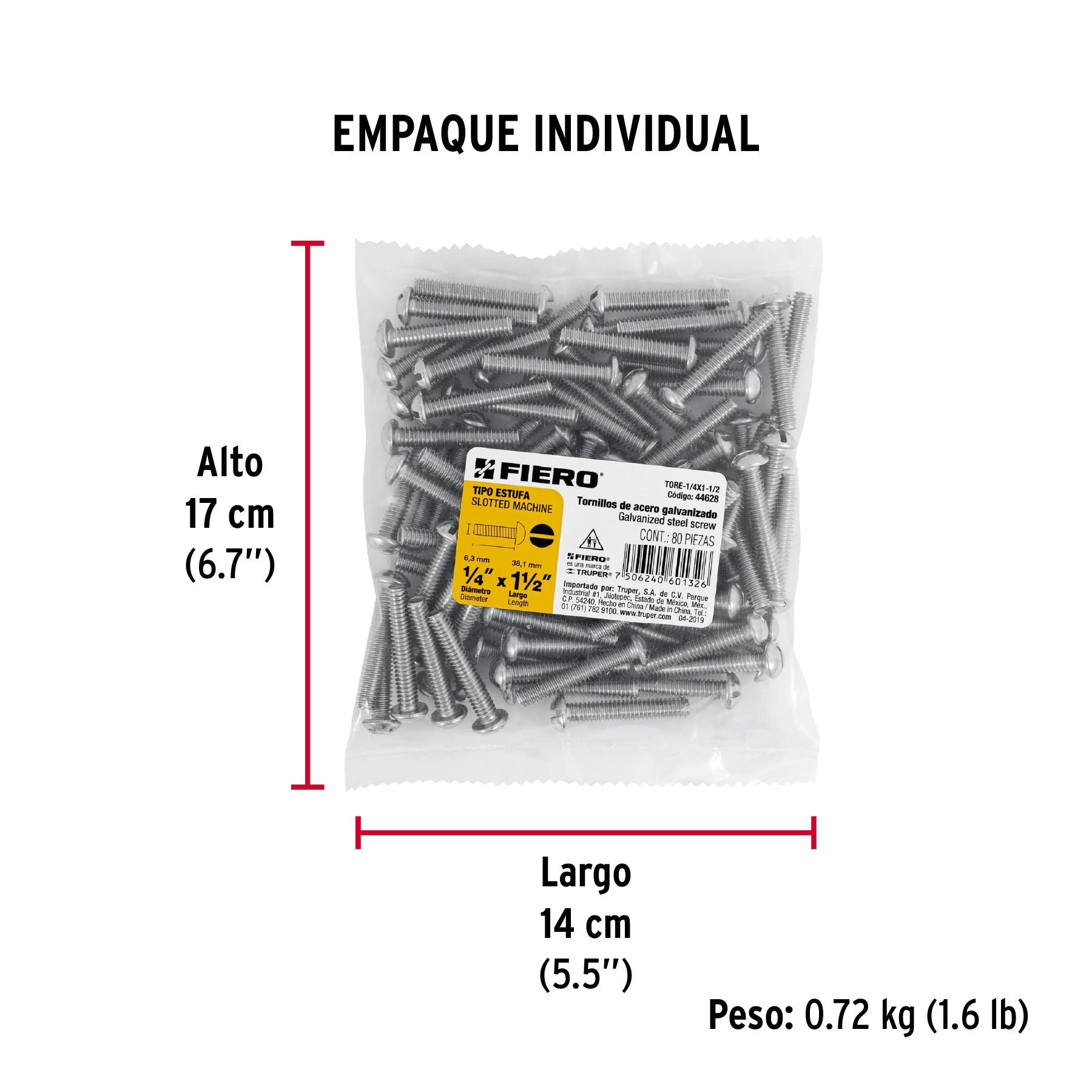 Tornillo acero galvanizado tipo estufa 1/4x1 1/2", 80 pzas