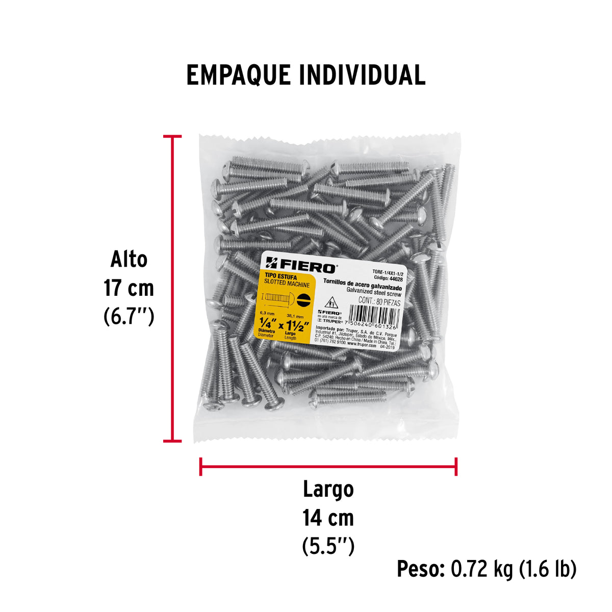 Tornillo acero galvanizado tipo estufa 1/4x1 1/2", 80 pzas