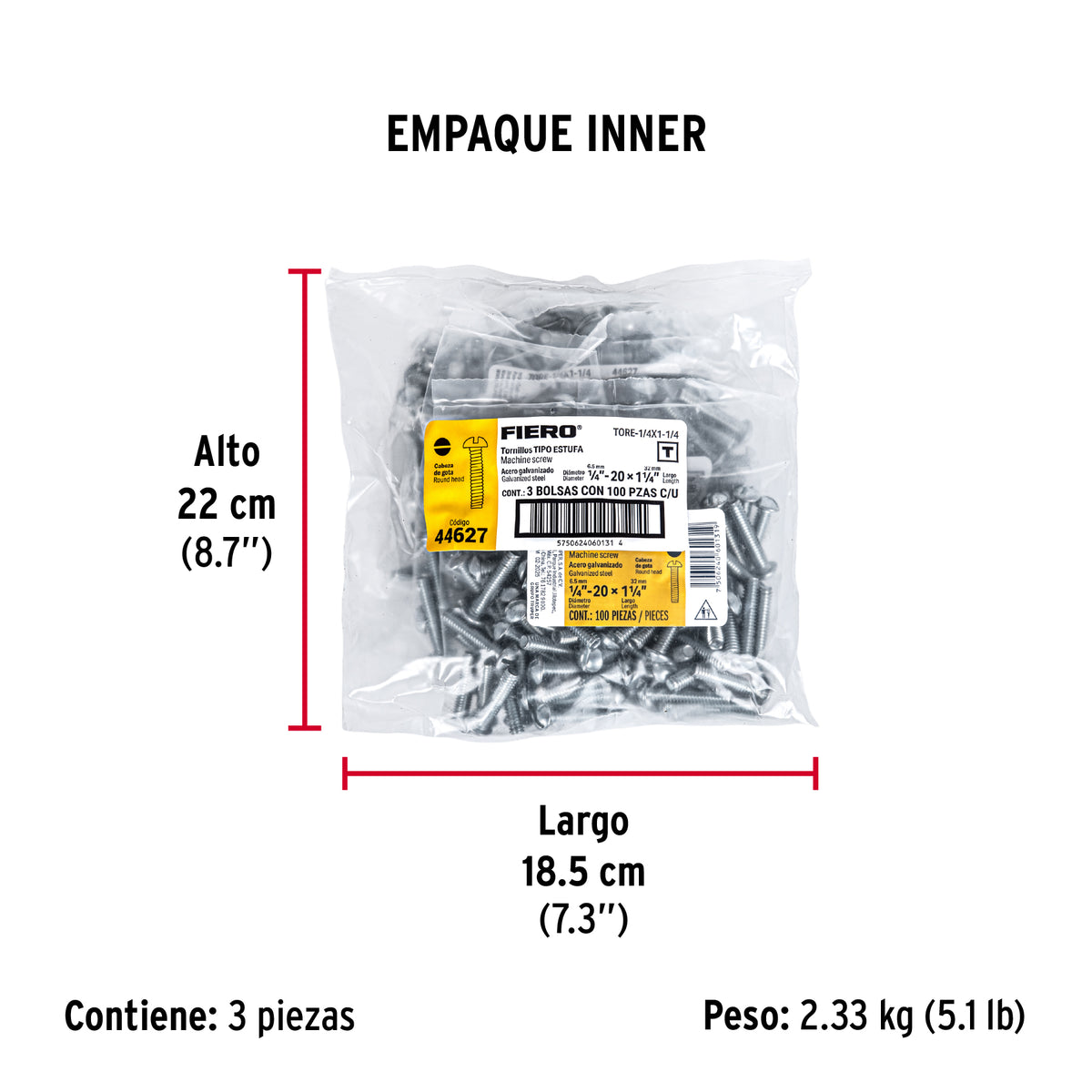 Tornillo acero galvanizado tipo estufa 1/4x1 1/4",100 pzas