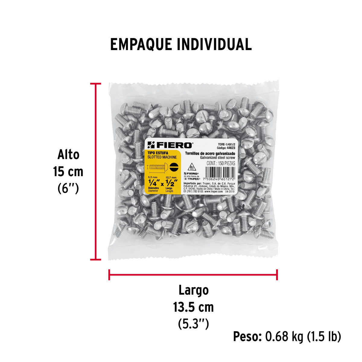 Tornillo acero galvanizado tipo estufa 1/4x1/2", 150 pzas