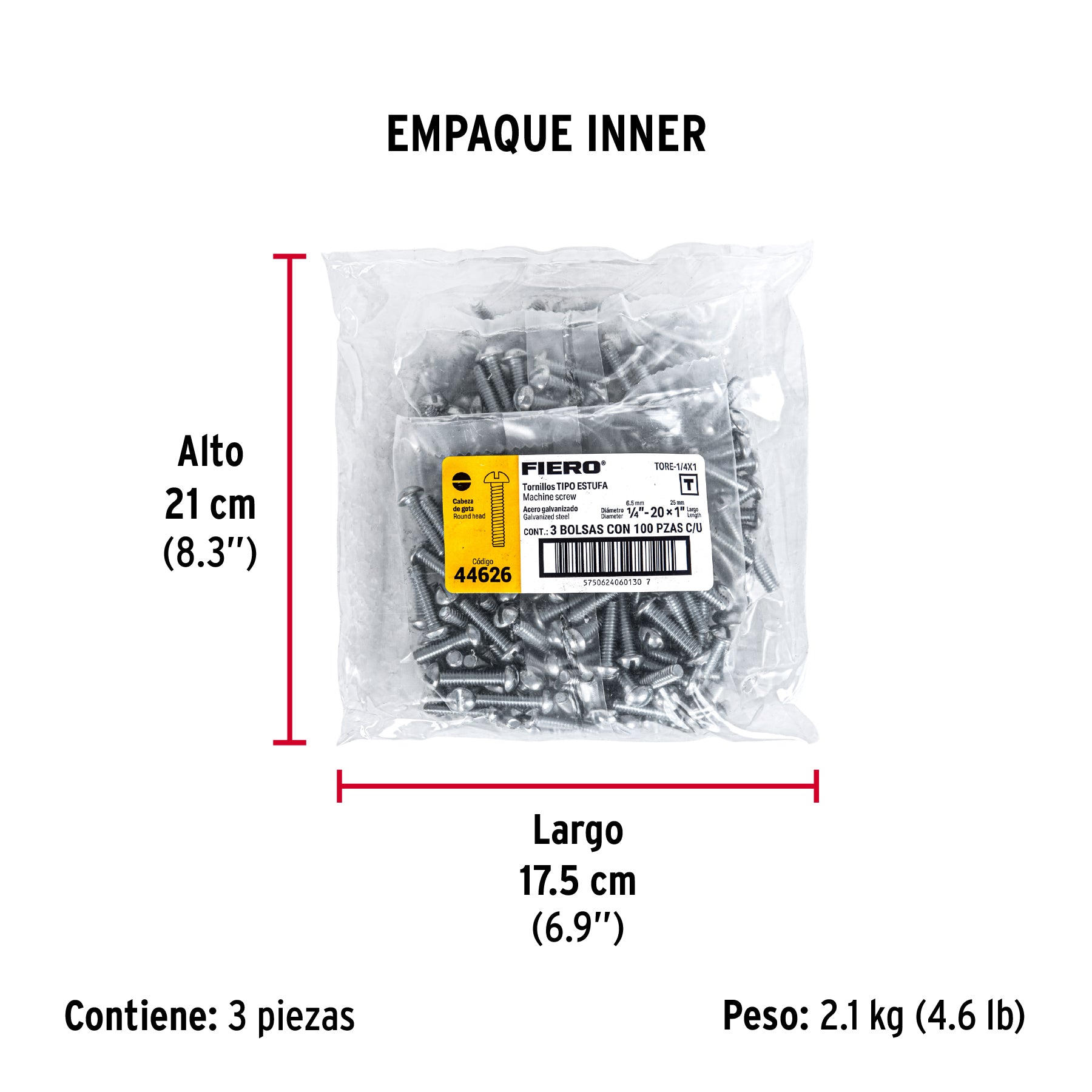 Tornillo acero galvanizado tipo estufa 1/4x1", 100 pzas