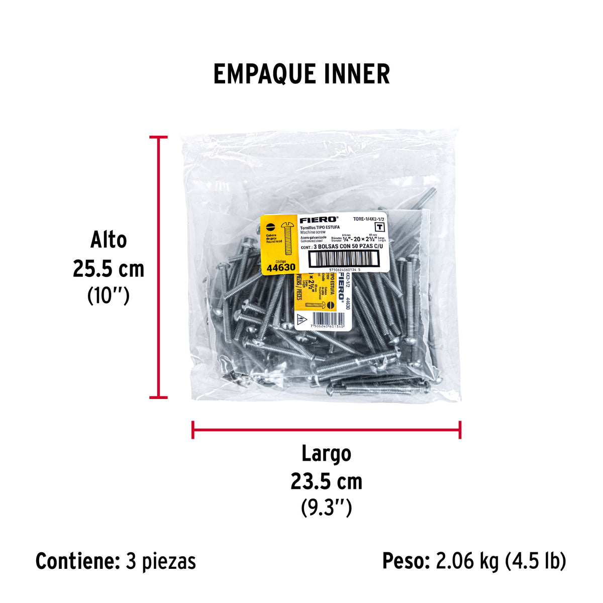Tornillo acero galvanizado tipo estufa 1/4x2 1/2", 50 pzas