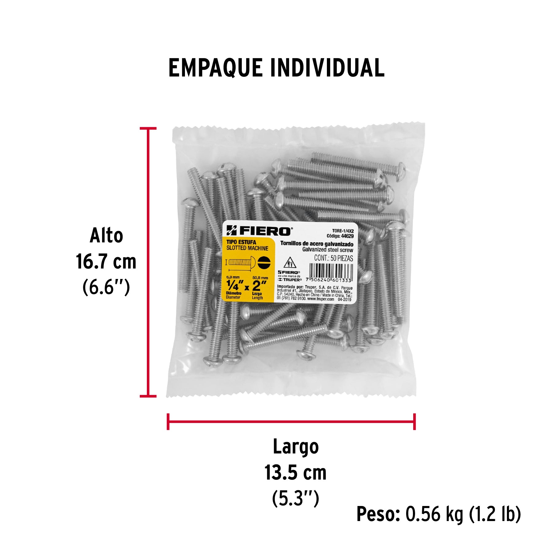 Tornillo acero galvanizado tipo estufa 1/4 x 2", 50 pzas