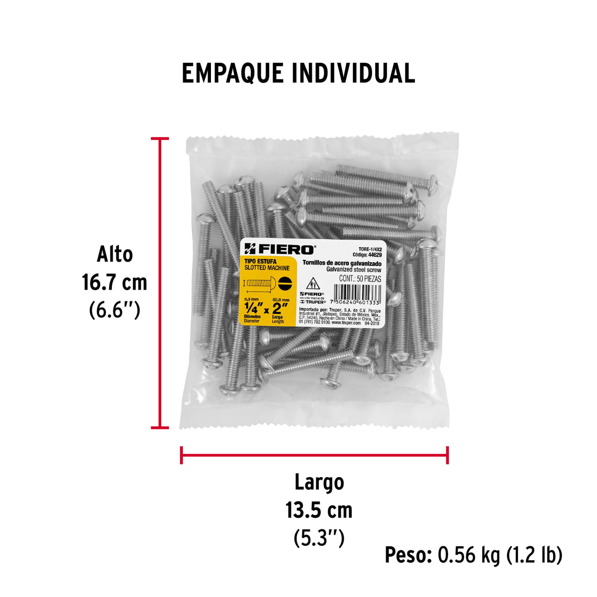 Tornillo acero galvanizado tipo estufa 1/4 x 2", 50 pzas