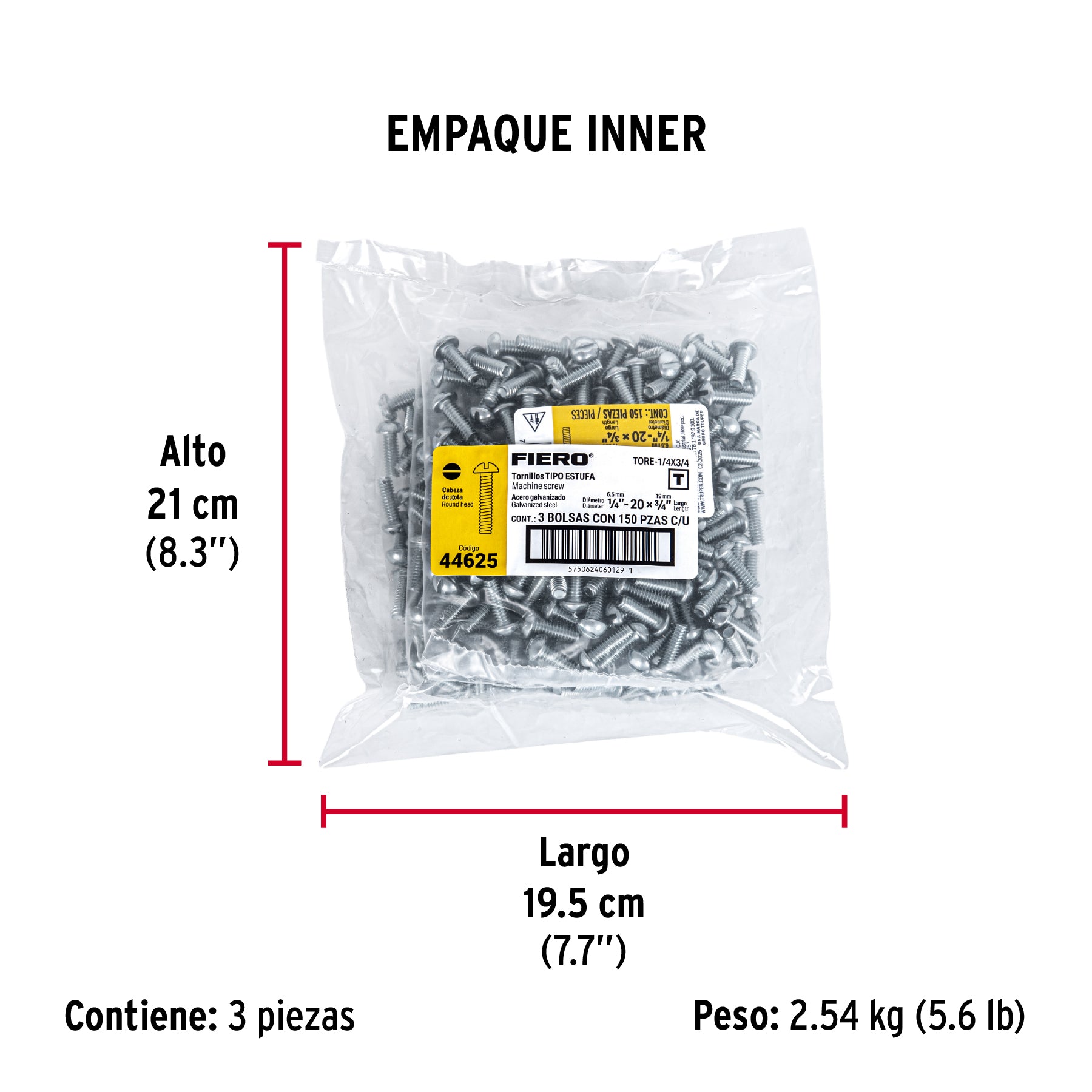 Tornillo acero galvanizado tipo estufa 1/4x3/4", 150 pzas