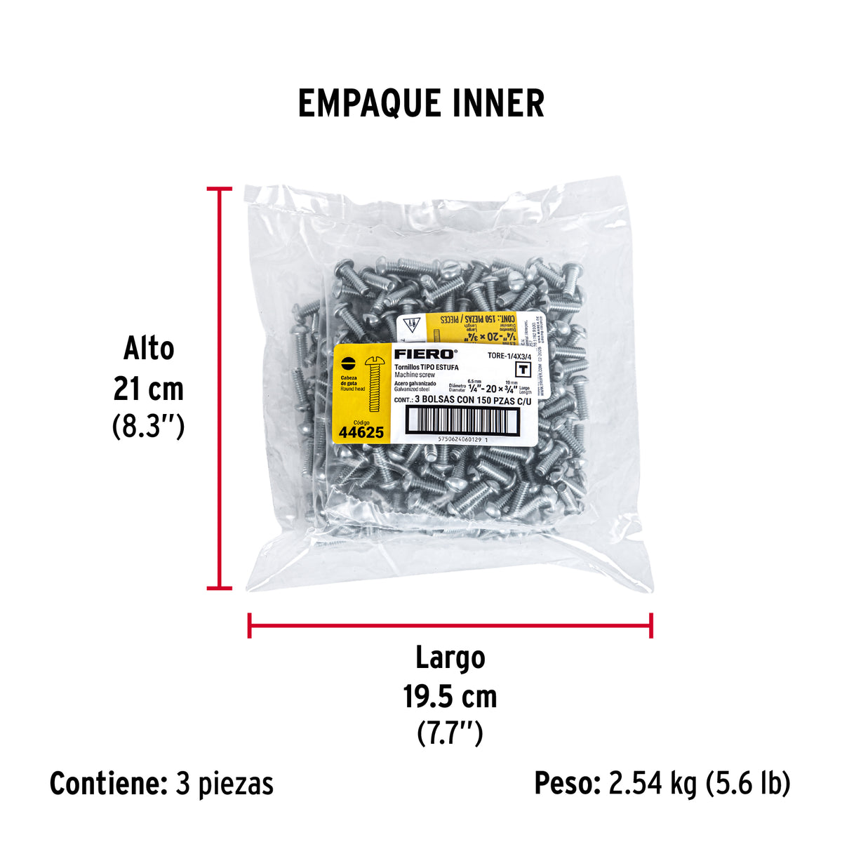 Tornillo acero galvanizado tipo estufa 1/4x3/4", 150 pzas