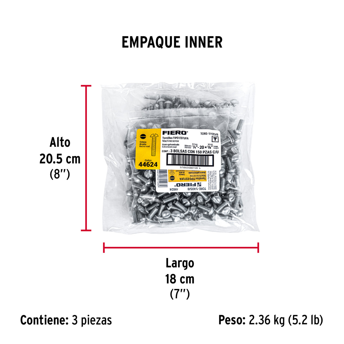 Tornillo acero galvanizado tipo estufa 1/4x5/8", 150 pzas
