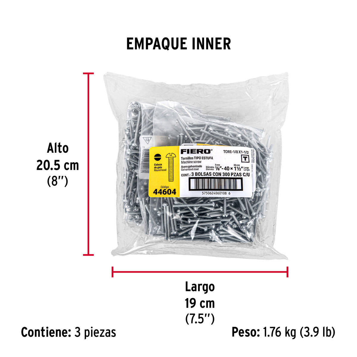 Tornillo acero galvanizado tipo estufa 1/8x1 1/2",300 pzas