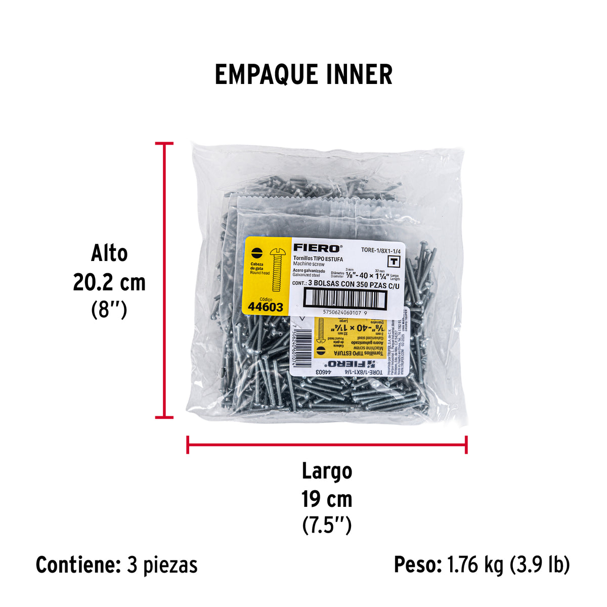 Tornillo acero galvanizado tipo estufa 1/8x1 1/4",350 pzas