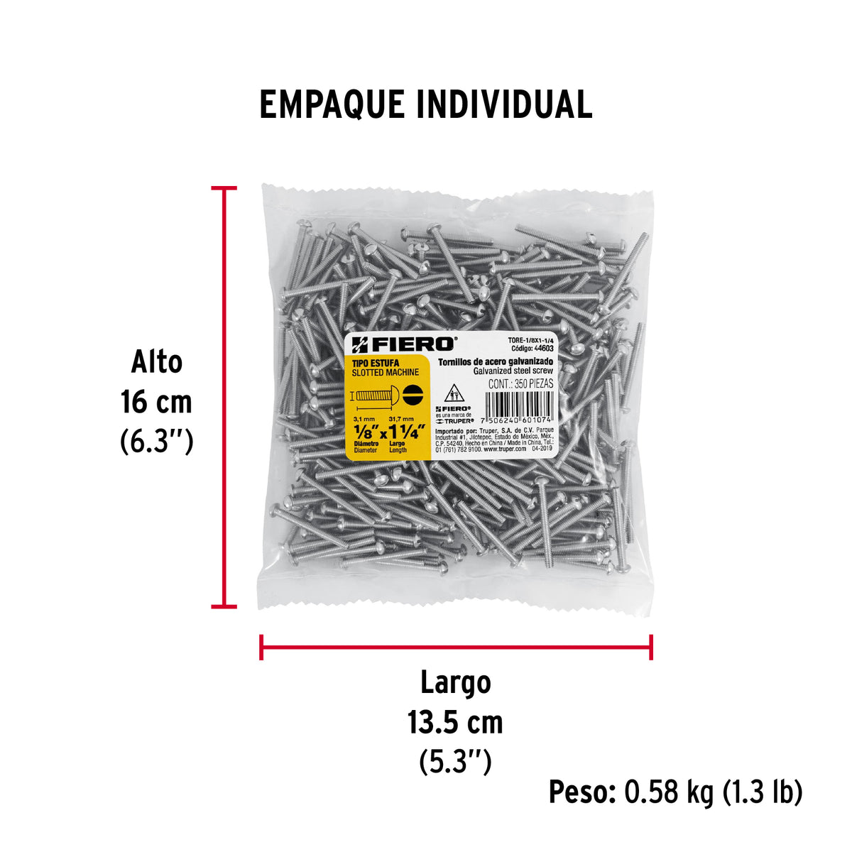 Tornillo acero galvanizado tipo estufa 1/8x1 1/4",350 pzas