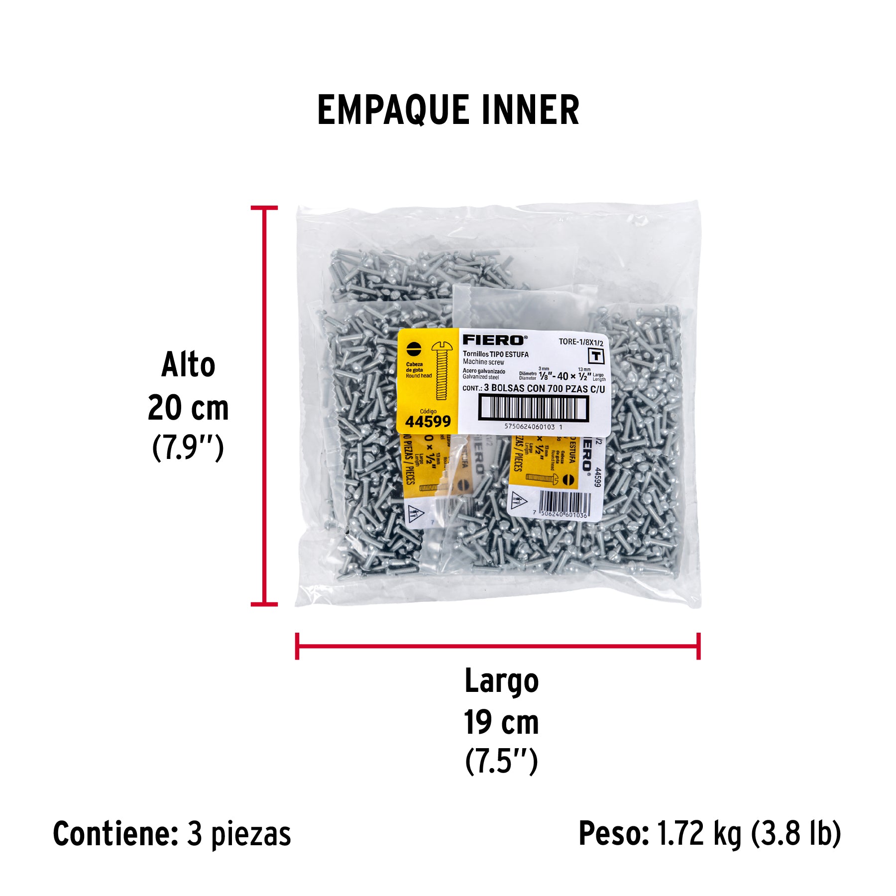 Tornillo acero galvanizado tipo estufa 1/8x1/2", 700 pzas