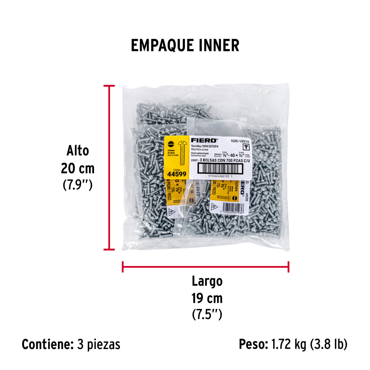 Tornillo acero galvanizado tipo estufa 1/8x1/2", 700 pzas