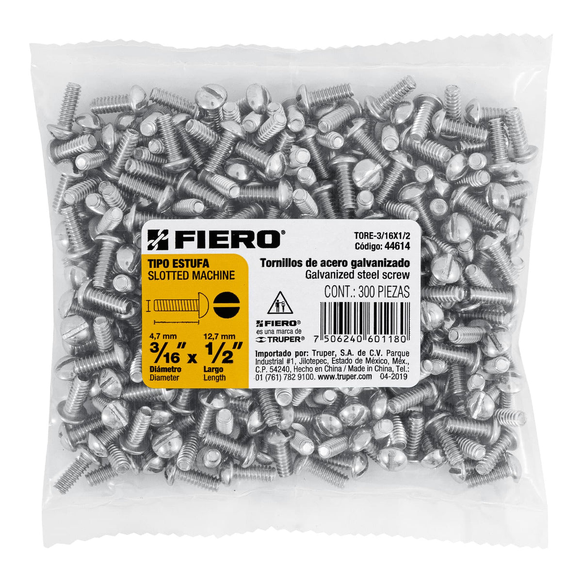 Tornillo acero galvanizado tipo estufa 3/16x1/2", 300 pzas