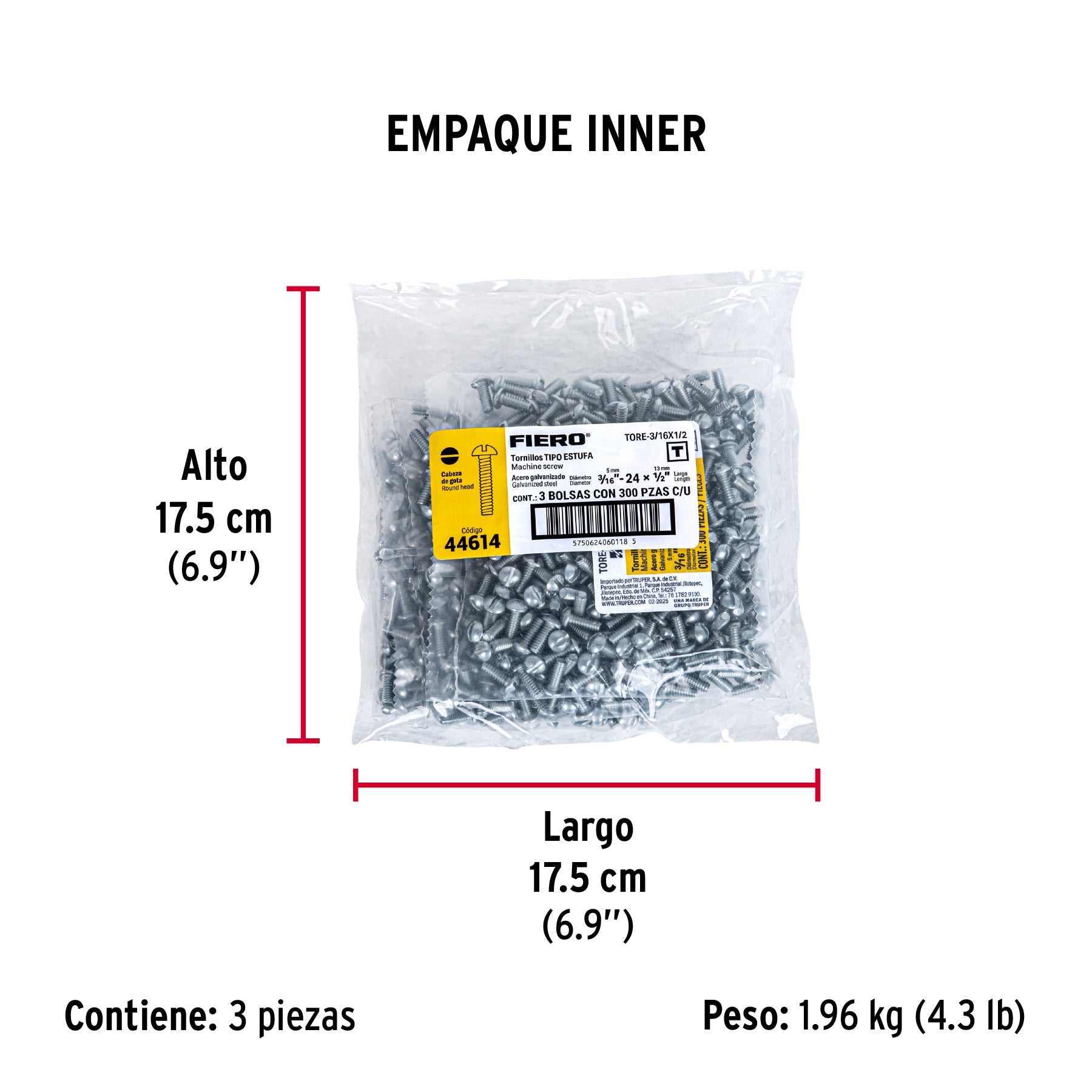 Tornillo acero galvanizado tipo estufa 3/16x1/2", 300 pzas