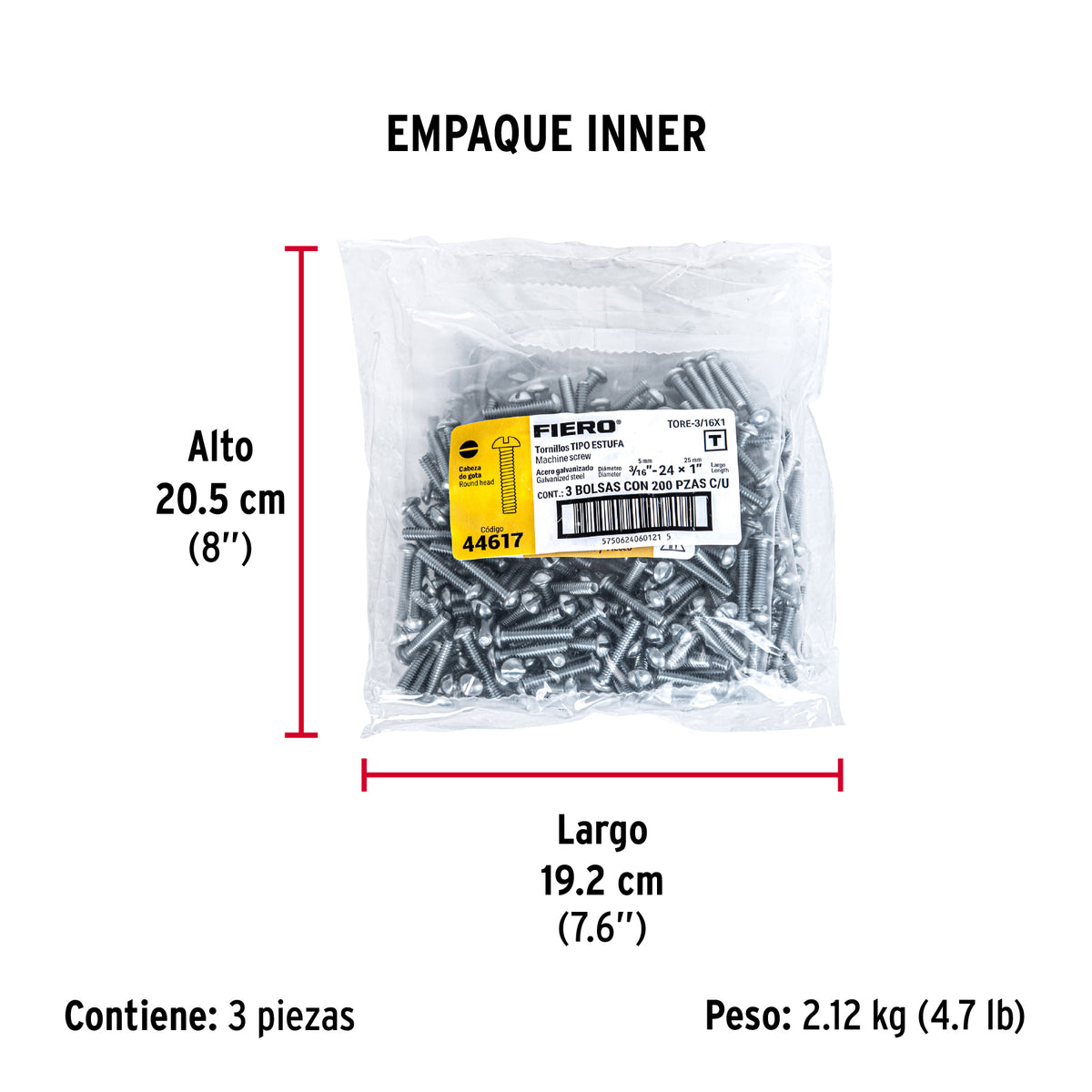 Tornillo acero galvanizado tipo estufa 3/16x1", 200 pzas