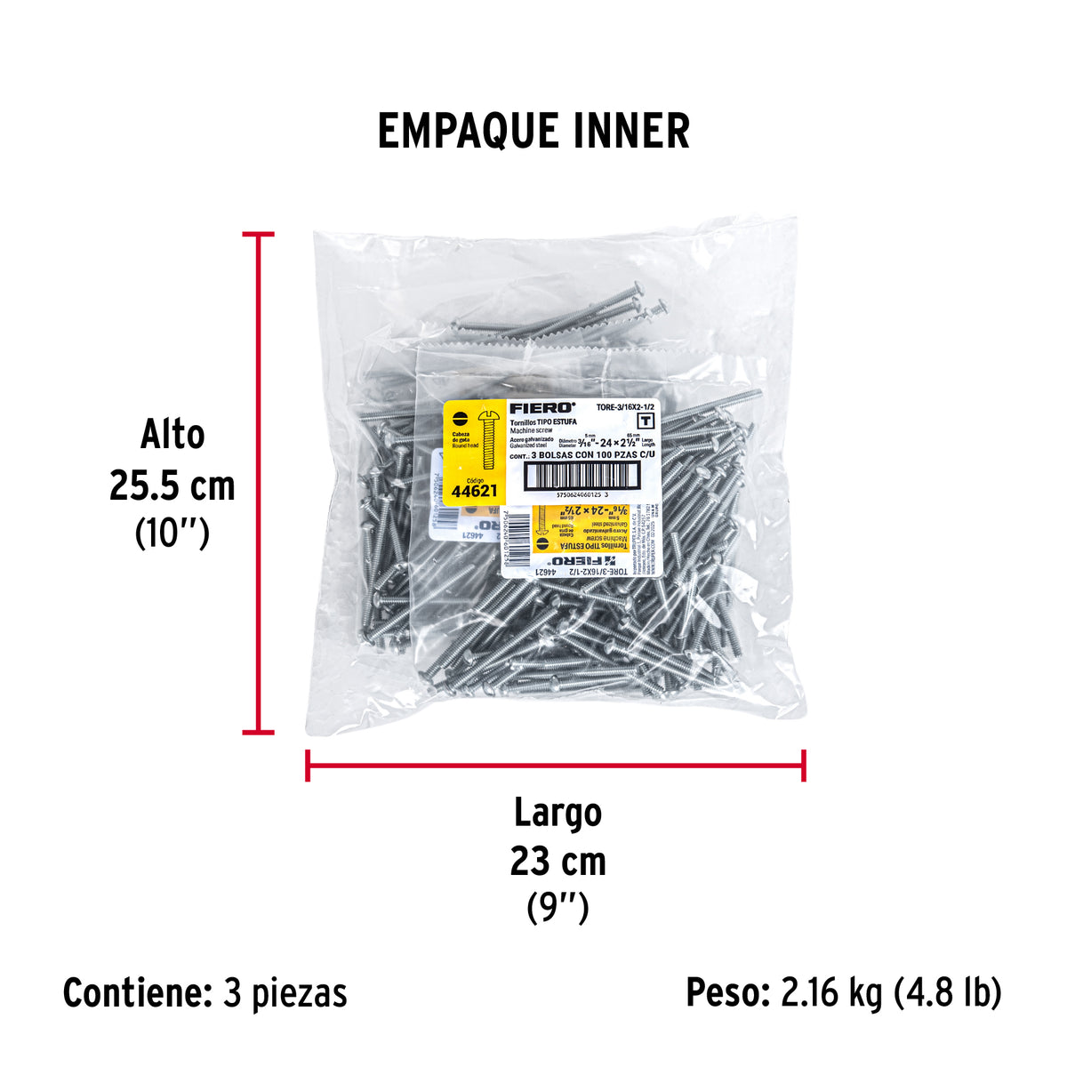 Tornillo acero galvanizado tipo estufa 3/16x2 1/2",100 pzas