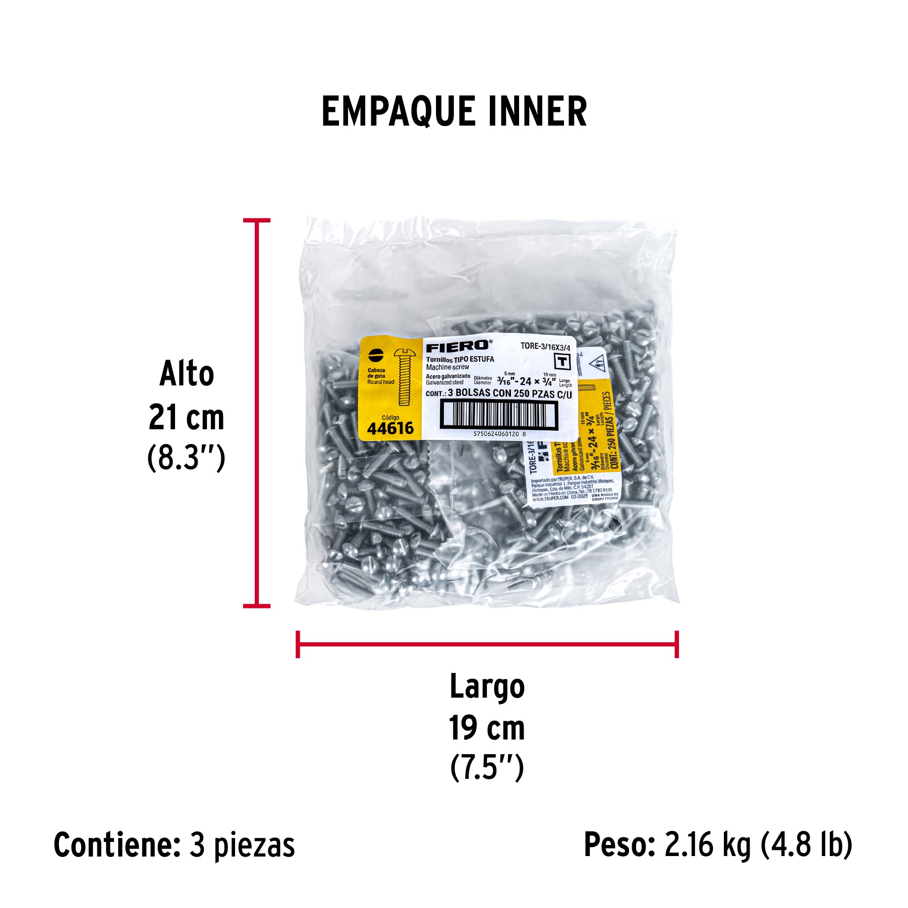 Tornillo acero galvanizado tipo estufa 3/16x3/4", 250 pzas