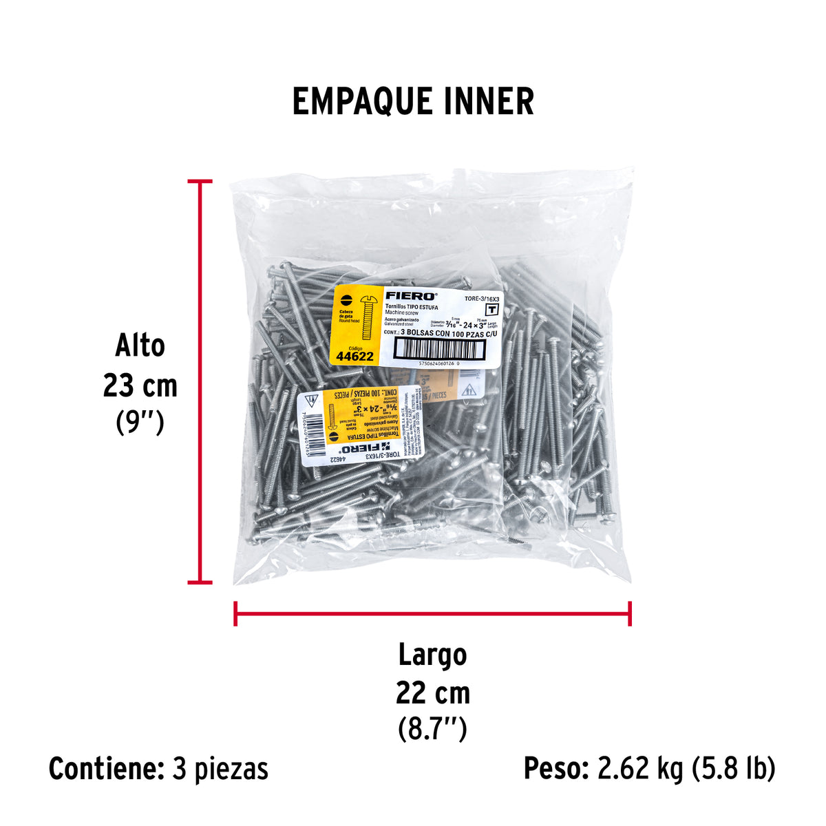Tornillo acero galvanizado tipo estufa 3/16x3", 100 pzas